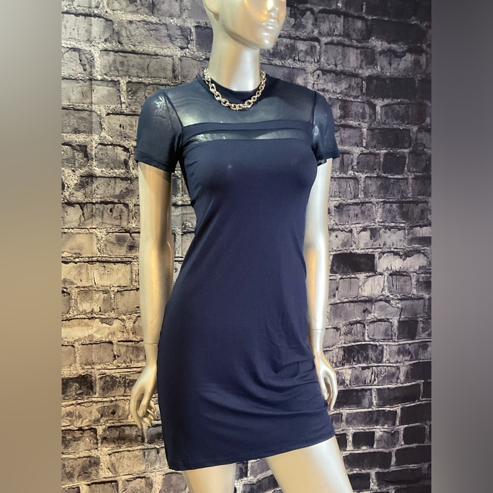 Navy Blue Mesh Soft T Shirt Mini Dress